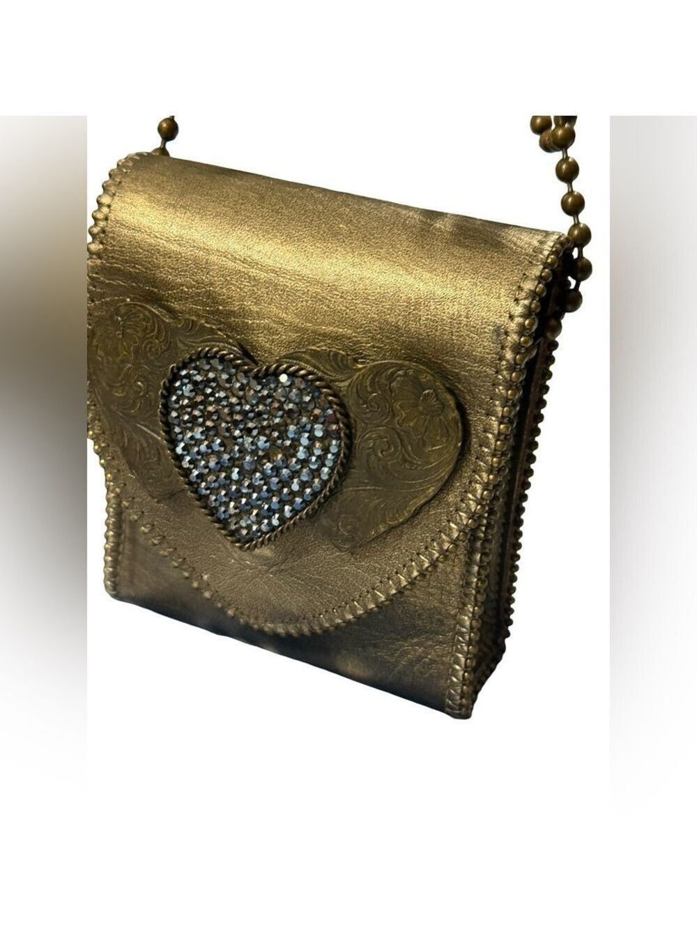 LeatherRock USA Gold Metallic Leather Rhinestone Heart Mini Phone Crossbody Boho